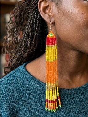 Handmade Red, Yellow & Orange Beaded Fringe Earrings